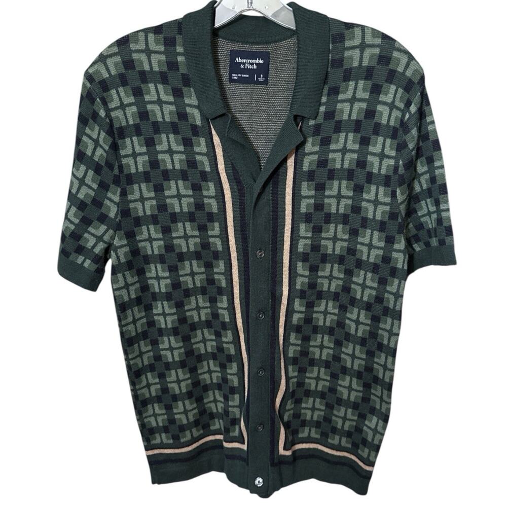 Abercrombie & Fitch Men's Stitch Button-Through Sweater Polo Green Patterned S